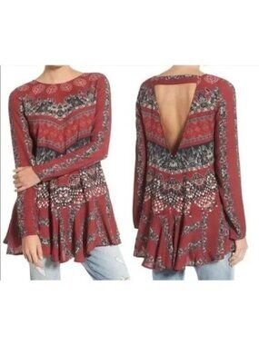 Free People Smooth Talker Top Size XS Floral Long Sleeve Cutout Red Tunic Boho